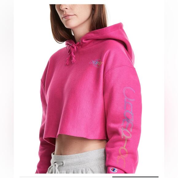 NWT Champion WOmens Reverse Weave Cropped Cutoff Hoodie Sweatshirt Pink Large - Picture 1 of 6